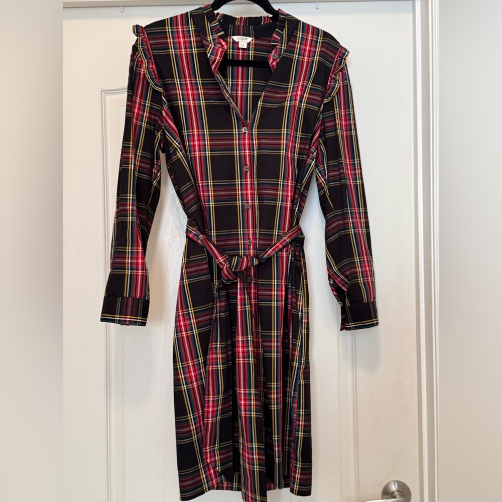 NWOT J CREW PLAID BUTTON DOWN SHIRT DRESS WITH RUFFLES